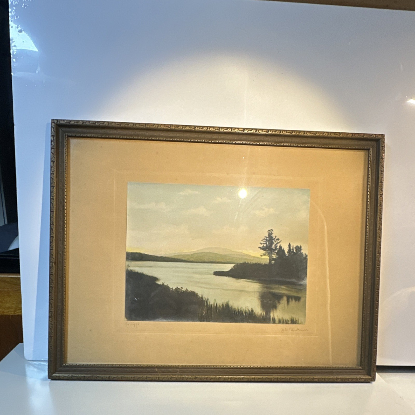 J. C. Bicknell Signed Framed Realism Landscape Painting ‘Twilight’, Lake, Trees