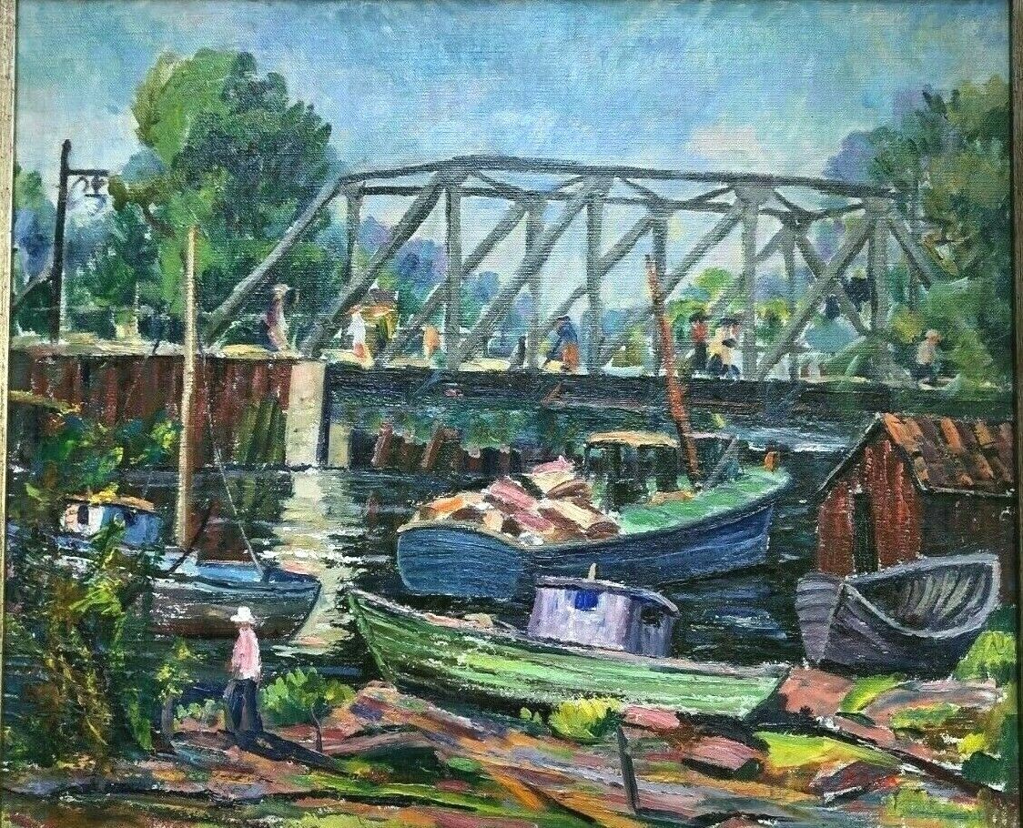 «Boatyard» with People on Bridge 16 x 19 1/4″ Oil Painting-1940s/50s-Louis Bosa