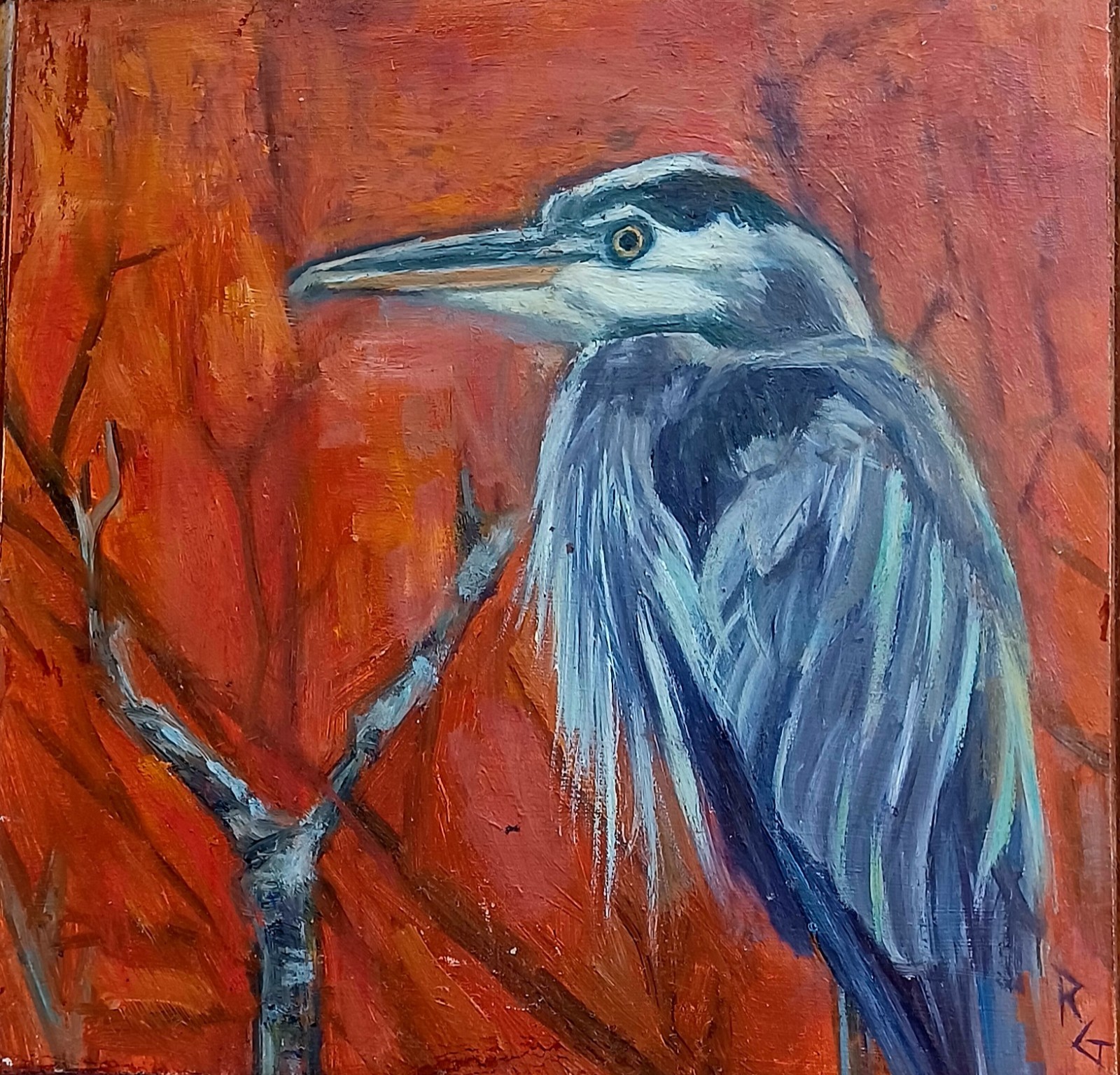 Great Blue Heron Original Oil Painting Hand Painted on Beveled Wood Plaque