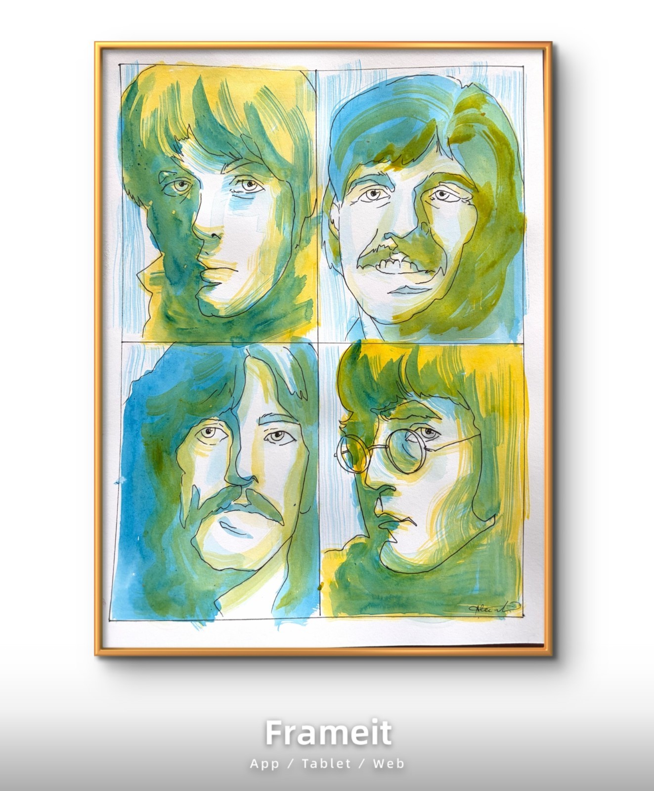 Original Yellow Blue Beatles Painting By Alannah Dyer- Acrylic 9×12 in. Singers