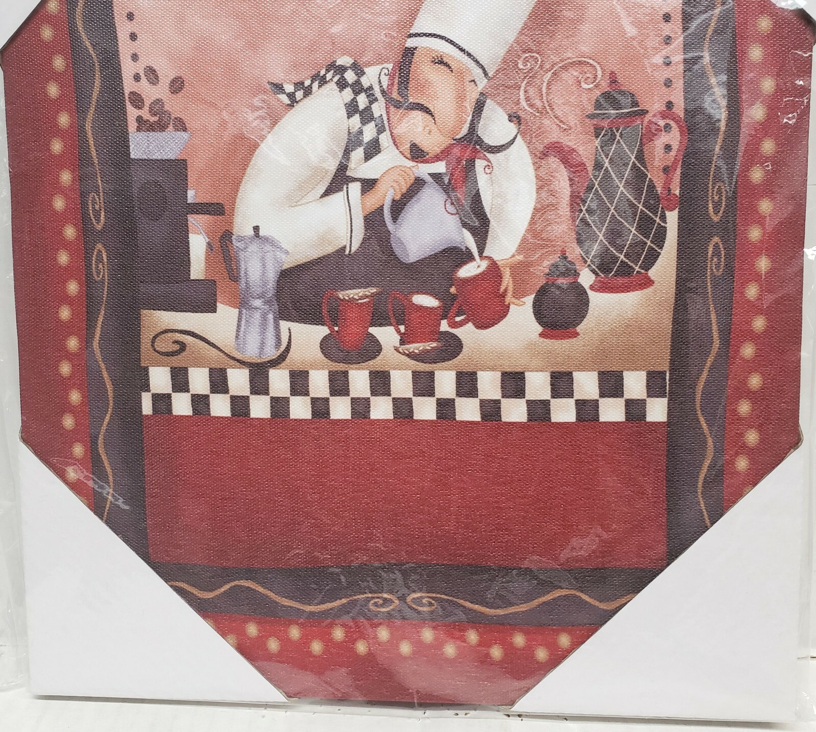 1 KITCHEN CANVAS WALL FRAME,approx. 10″x12″,FAT CHEF POURING MILK IN COFFEE CUPS