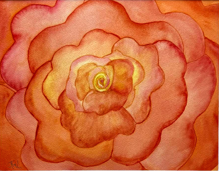 PAINTING WATERCOLOR 11X14 & MAT 16X20 FLOWER ROSE CORAL ORANGE PINK ORIGINAL ART