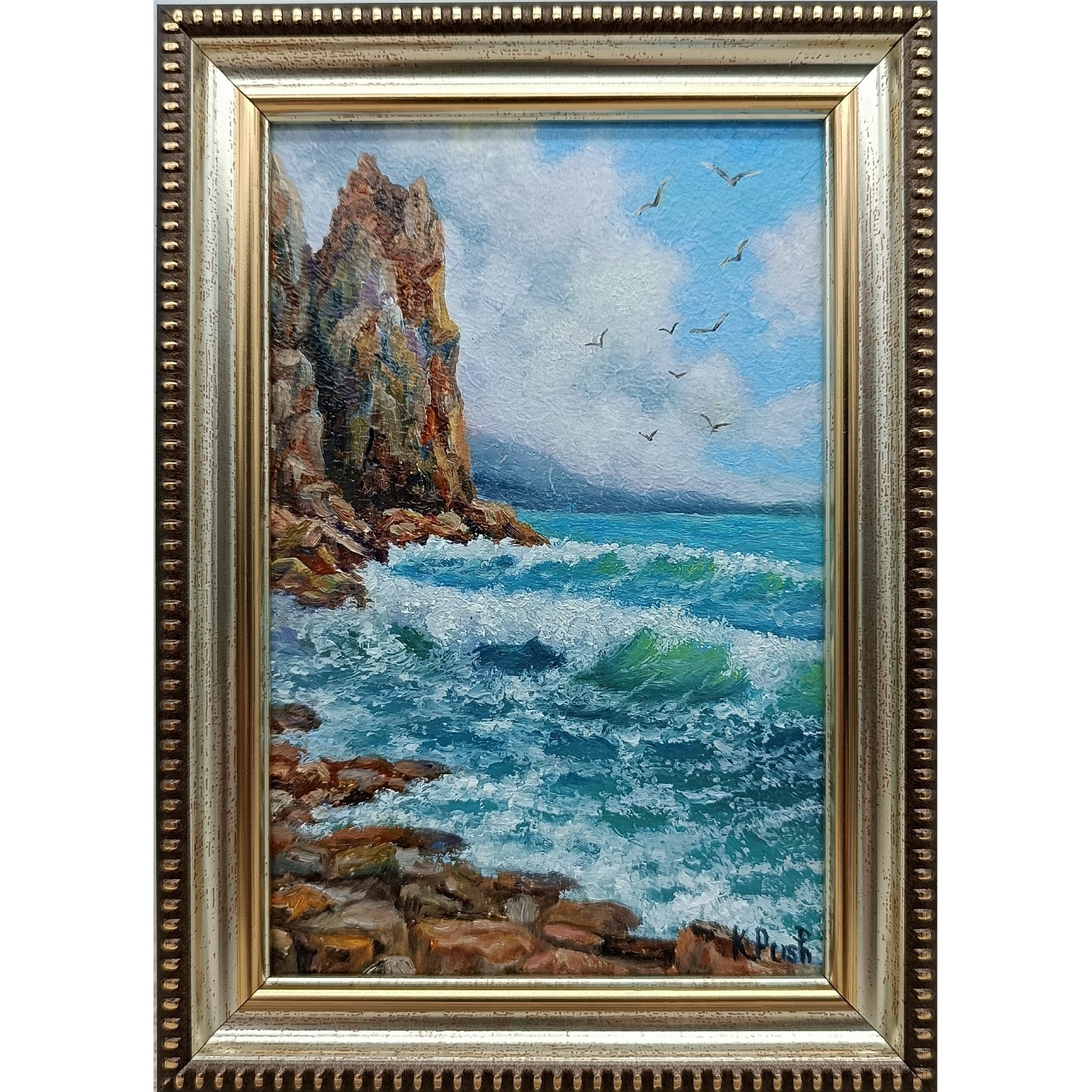 Seagulls Ocean Waves Original Oil Painting 4×6 Framed Signed Seascape Wall Art