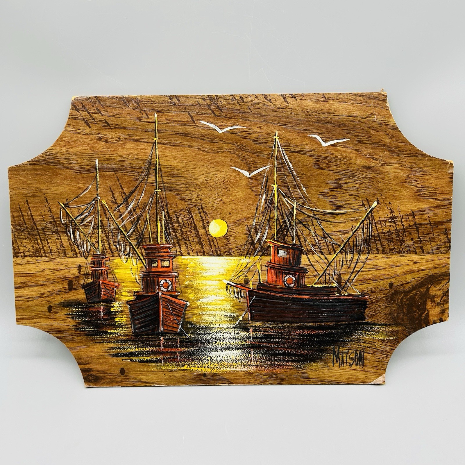 Vintage MCM Matson Fishing Boats Painting On Plaque 13 x 9 Inches Signed