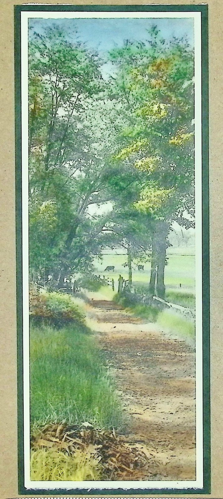 Antique Vertical Panoramic Watercolor Painting Country Lane Cows Road