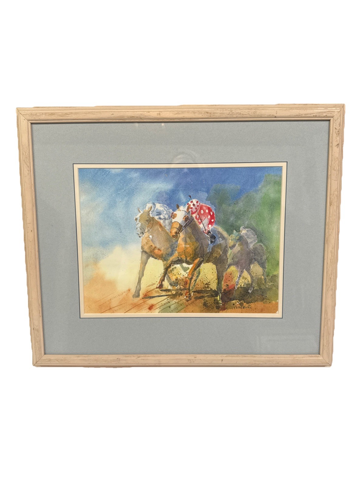Original Watercolor By Lionel Lefebvre Horse Racing Jockey Framed & Matted