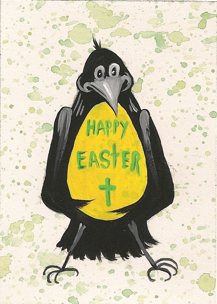 ACEO PRINT OF PAINTING RAVEN CROW HAPPY EASTER SUNDAY ILLUSTRATION ART EGG