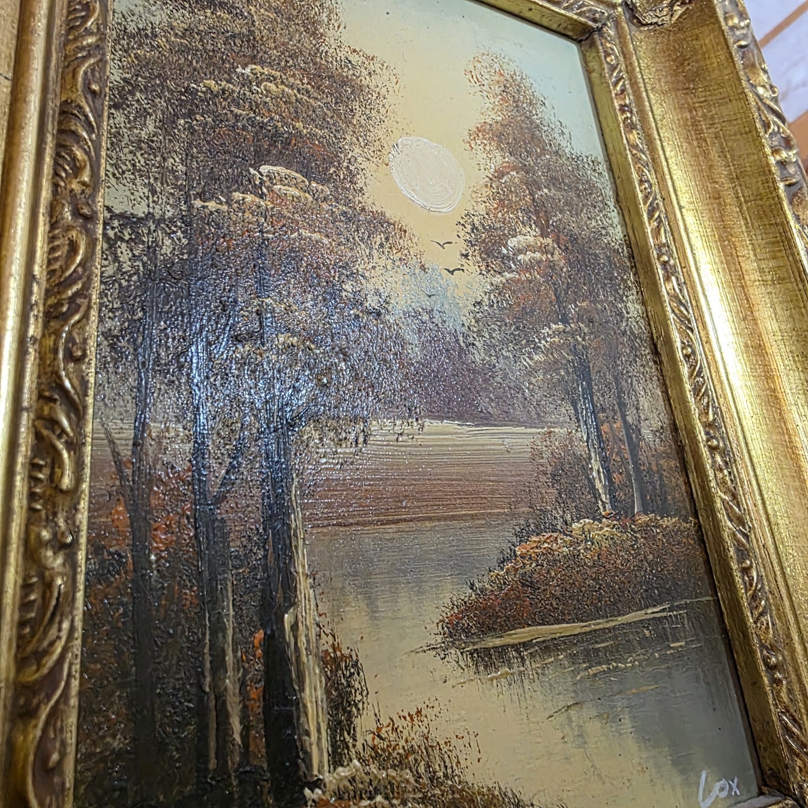 Pair Vtg Small Miniature Signed Art Oil Paintings on Board Framed Gold Ornate