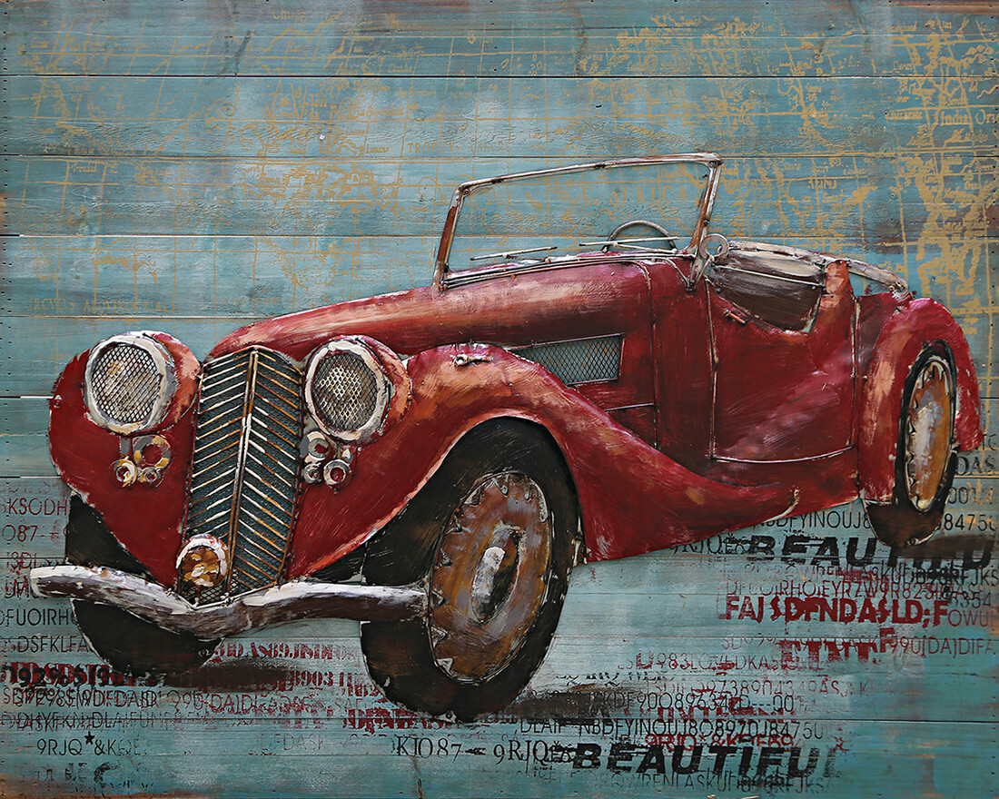 Paintings 3D Vintage Style Metal Red Car on Wood Painting Wall Art Deco Artwork