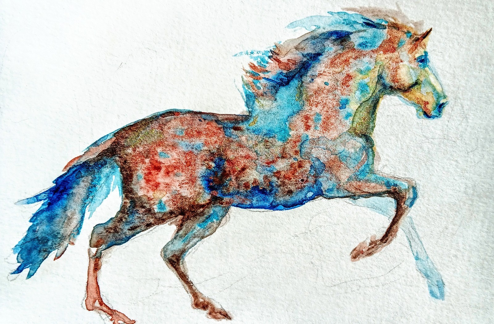 Blue Horse Running art,original Watercolor painting,signed Horse Lover gift 6×4″