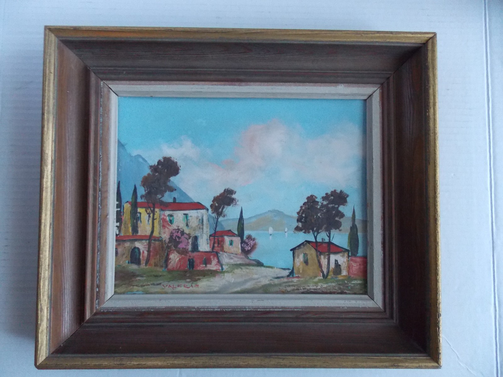 Italian signed Valecis oil painting on board Landscape in Sweedish Frame 13 5/8″