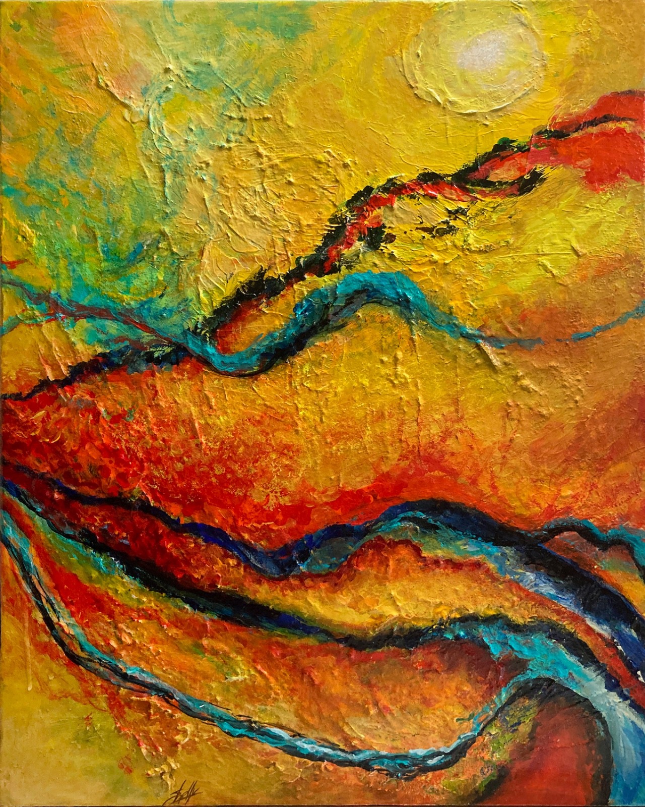 Yellow, Blue Abstract Original Colorful Acrylic Painting Original