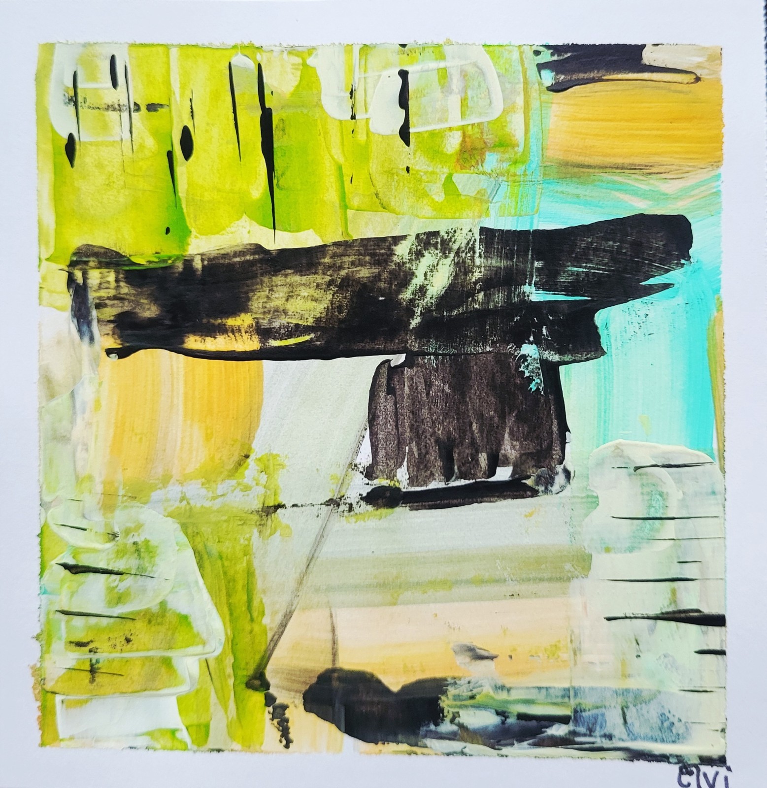 Elvi Set Of 2 Green Abstract 4×4 Paintings On Heavy paper Acrylic Modern Art