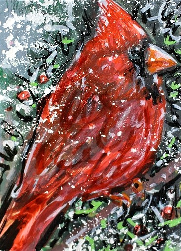 ORIGINAL Male Cardinal Bird ACEO PAINTING Winter Red BIRD Snow Animal Nature ART
