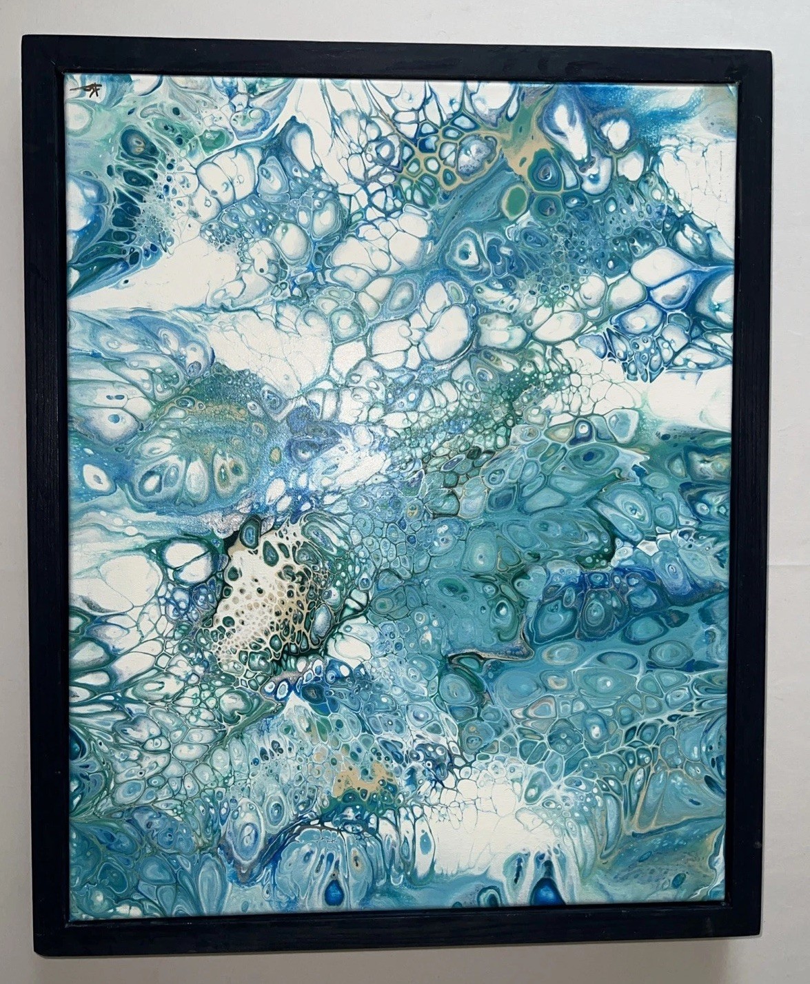 16″ x 20″ Acrylic Pour Tropical Beach OOAK By Kathy Bradley -Blues White Signed
