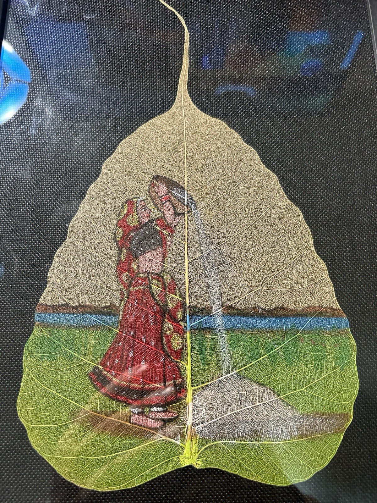 Vintage Hand Painted Pipal Leaf Framed