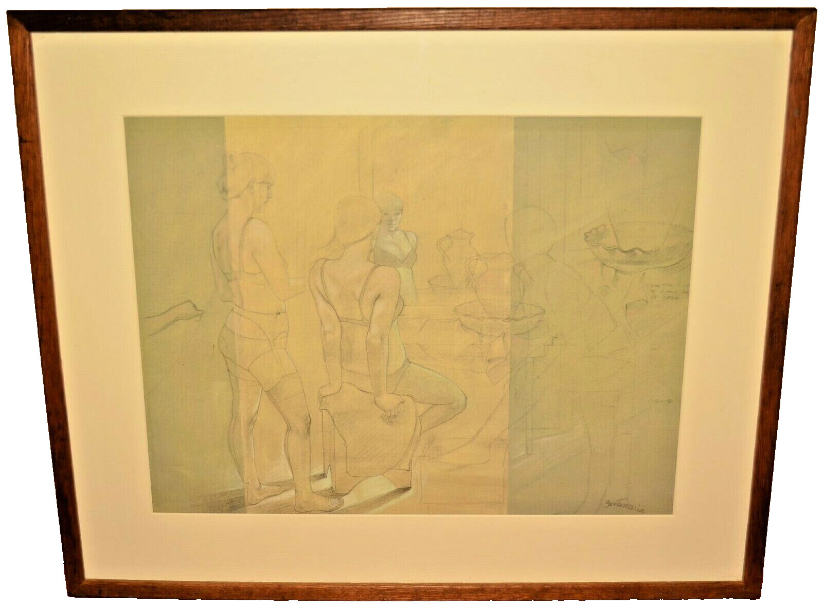 RICARDO LOPEZ SANTAMARIA Original Vintage Signed Ladies Boudoir Figures Drawing