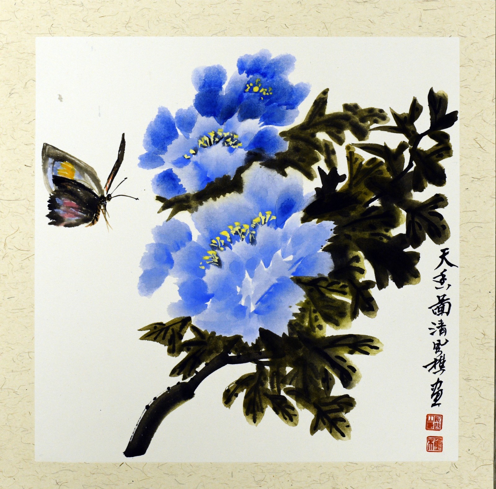 Original Chinese Ink Painting – Blue Peony & Butterfly, 34×34cm, Hand-Painted