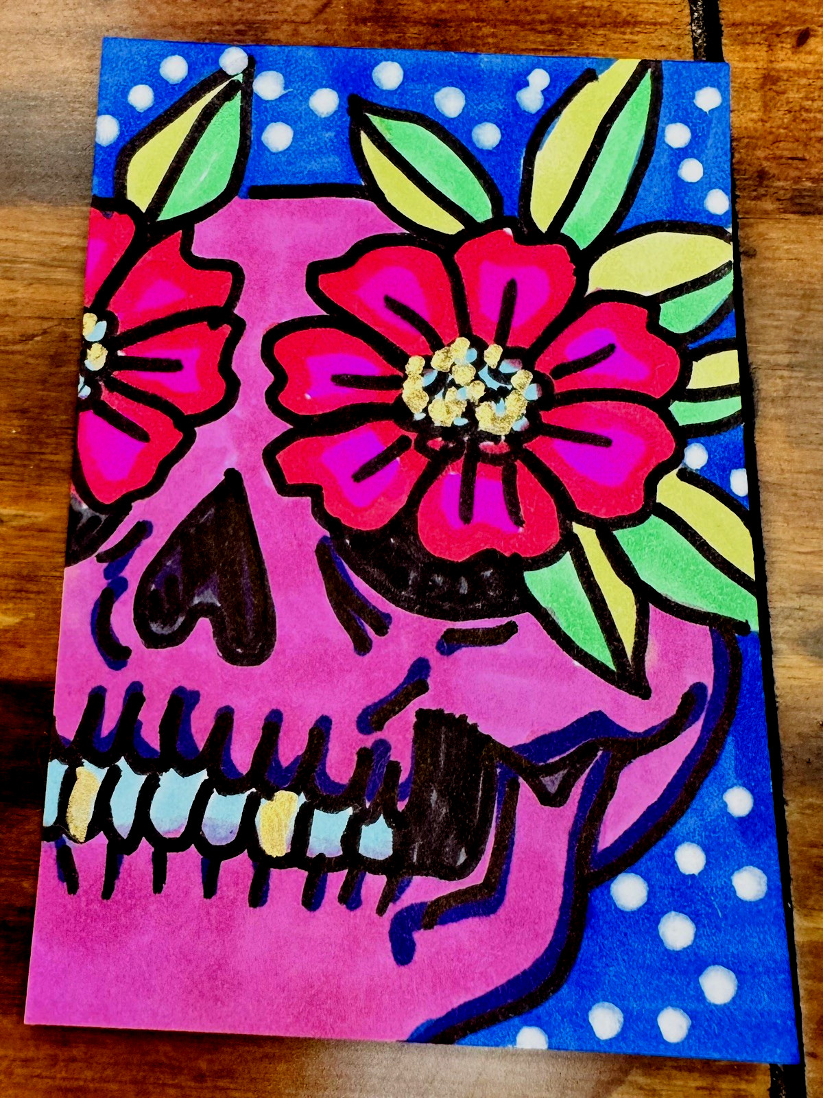 ACEO Miniature Art Piece-A Vision-flash-Floral-skull-Original-Caroline Hanold