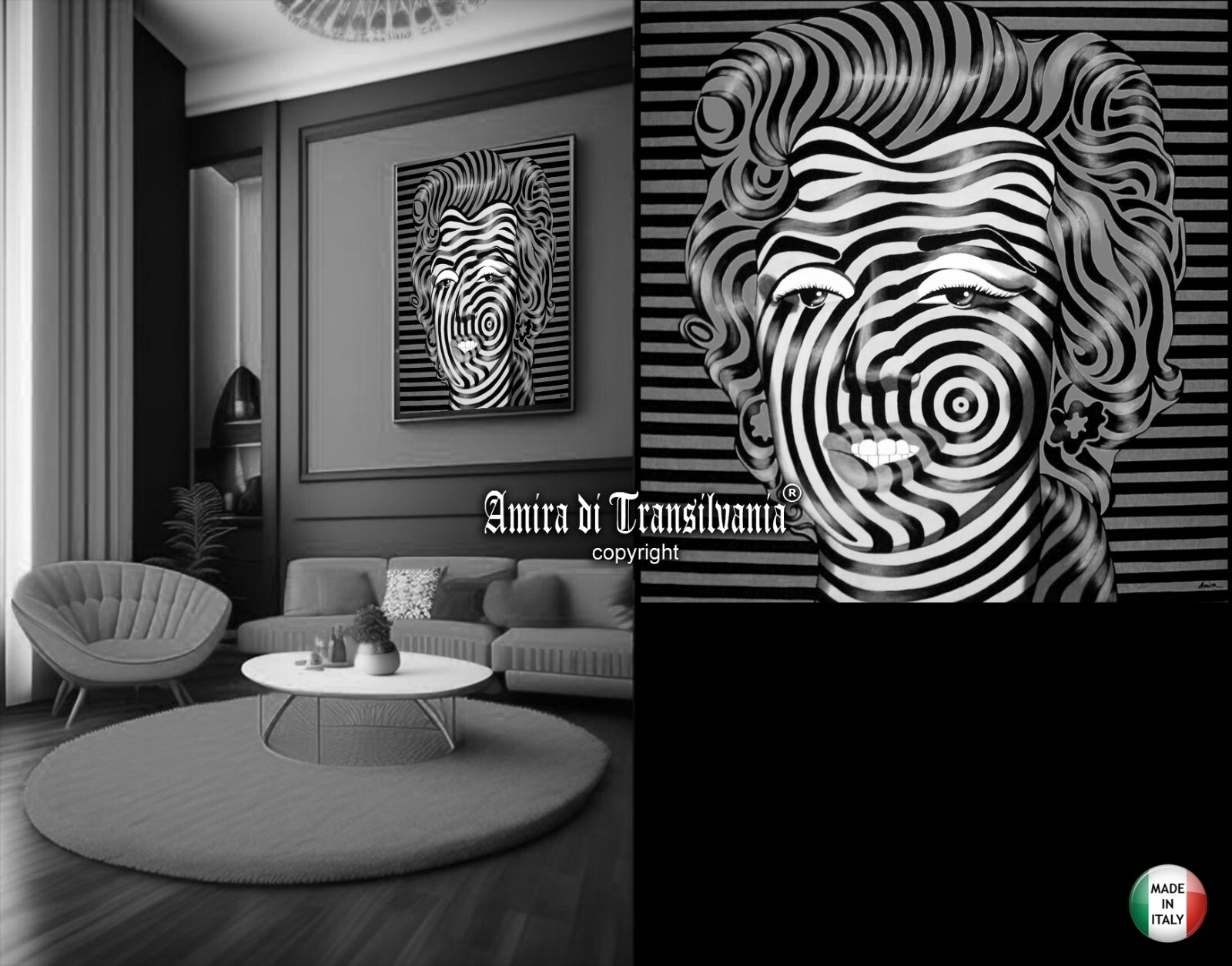 Marilyn Monroe Portrait Optical Op Painting Black and White Amira Artist Pop Art