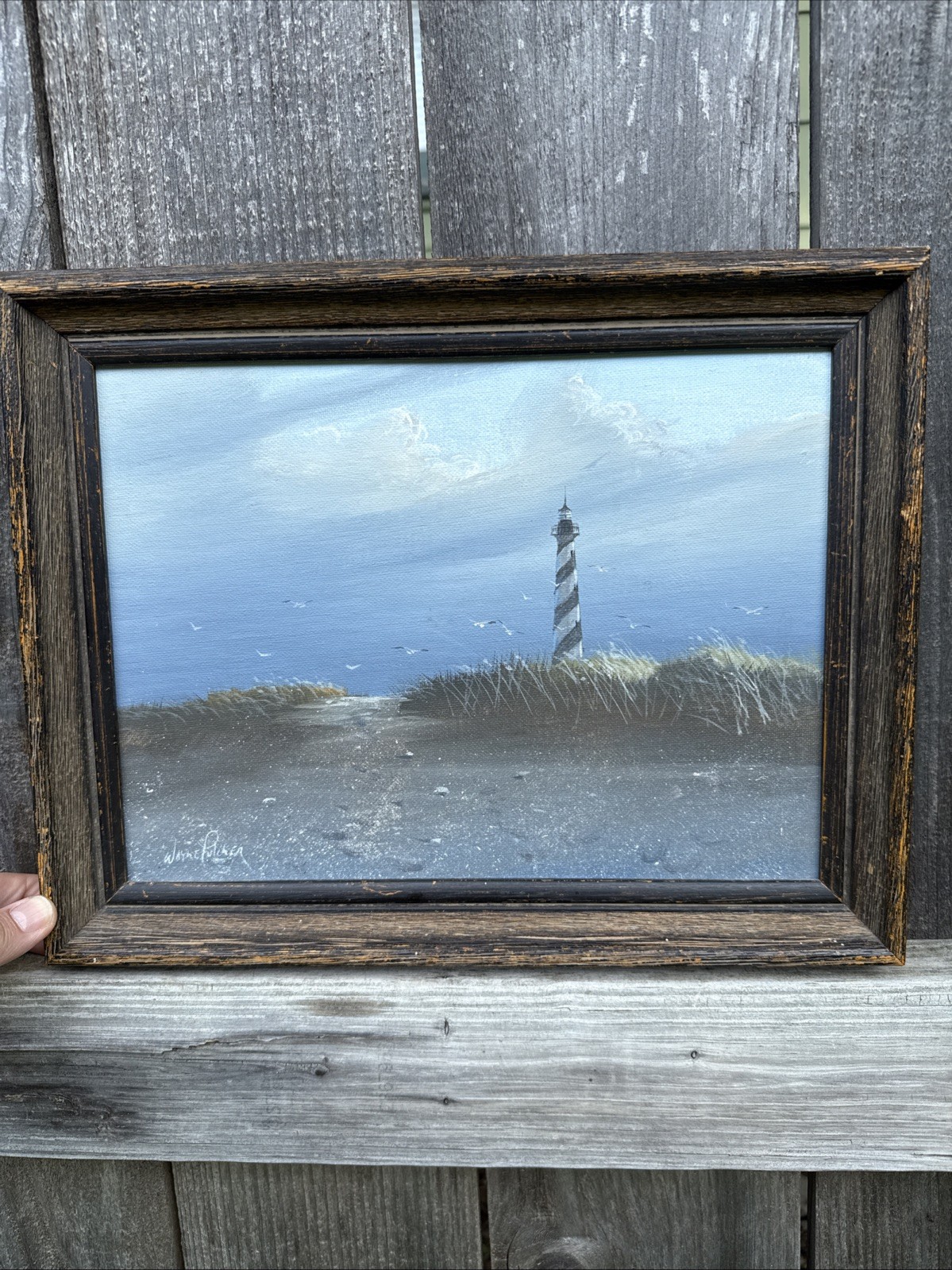 Rare Vtg Signed Wayne Fulcher MCM Sea Seascape Lighthouse Oil Painting 1960s NC