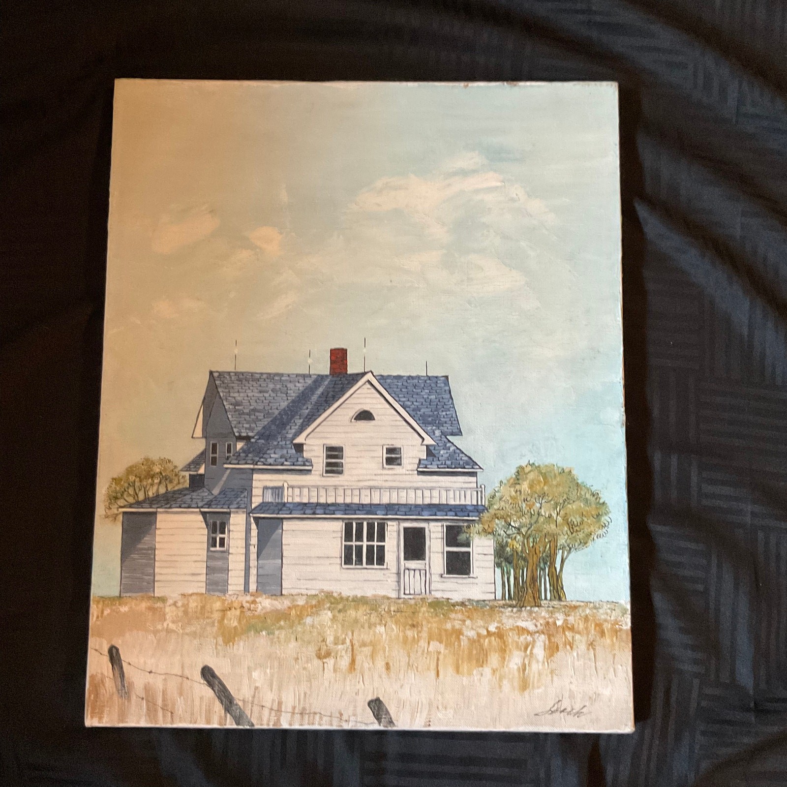 Vintage PAINTING landscape Victorian farm house hand painted original signed