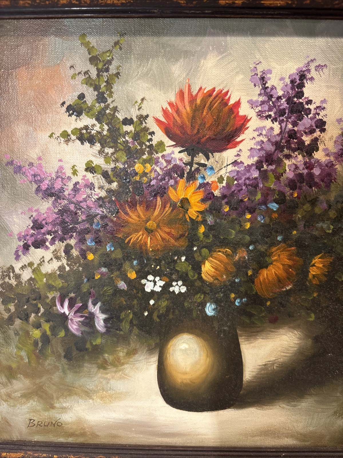 Still Life Oil Painting Art Flowers in Vase Floral Bouquet Signed BRUNO