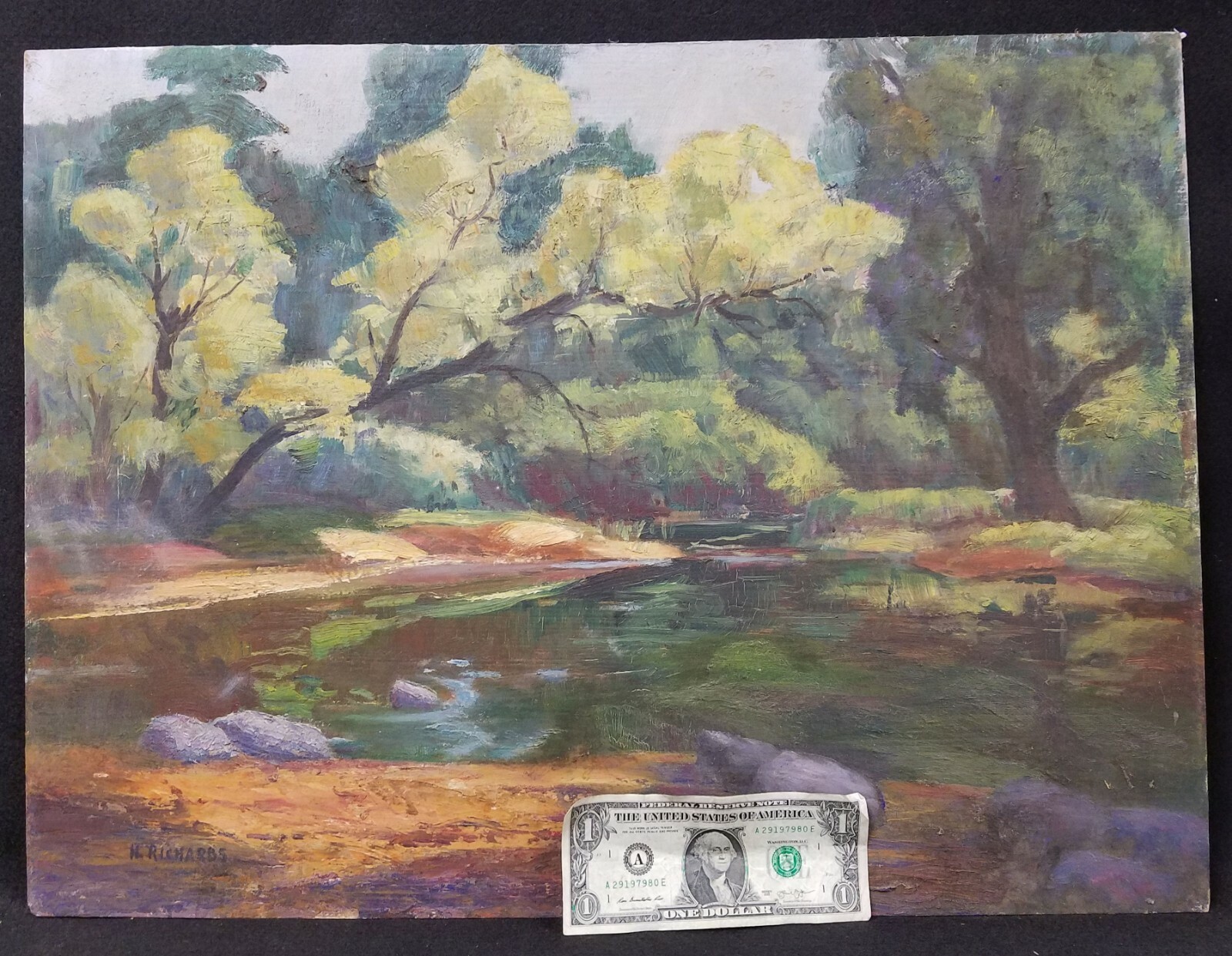 Vintage Oil on Masonite Landscape Painting – Signed H. Richards