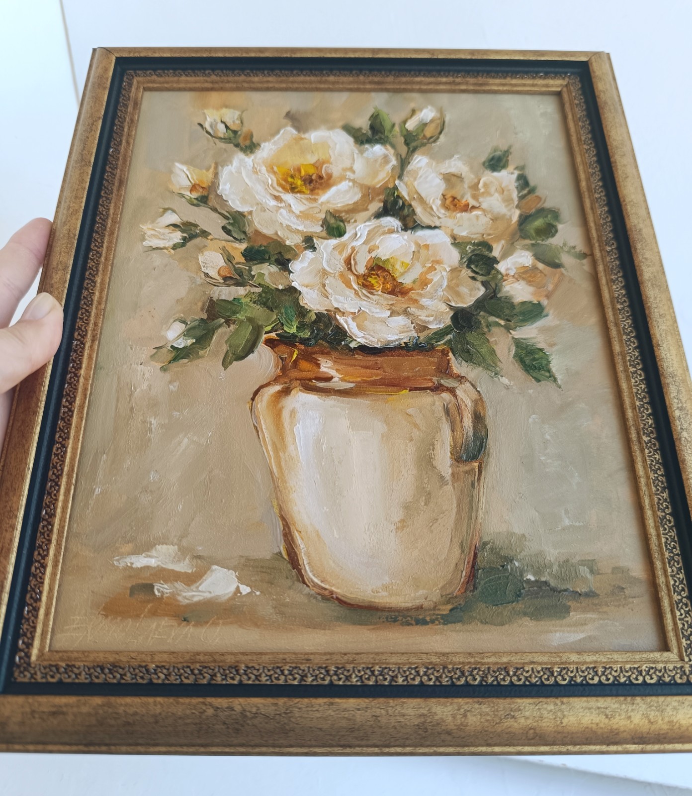 White Roses in a Vase Original Oil Painting Framed Floral Wall Art 8×10 in