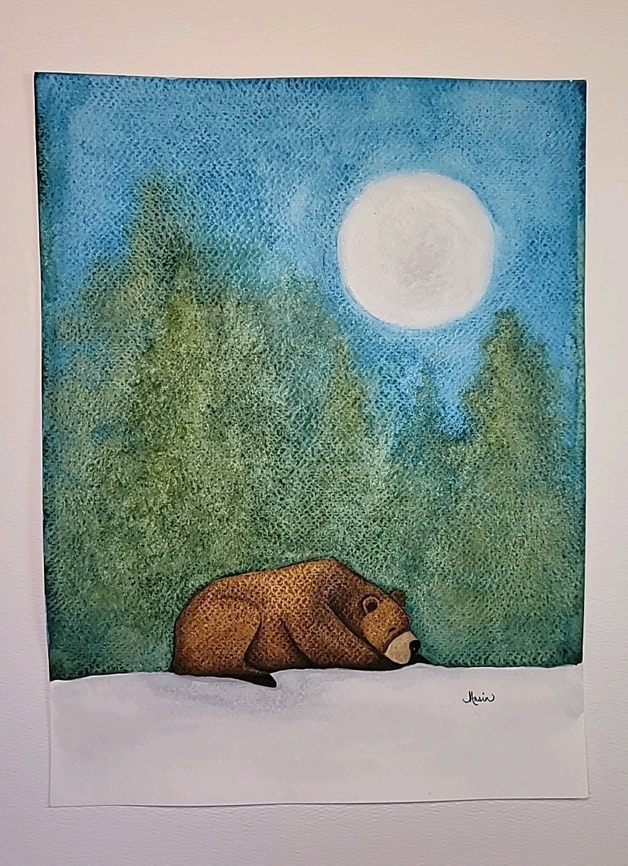 Original Watercolor Bear Under Moonlight 9×12 Wildlife Art Painting