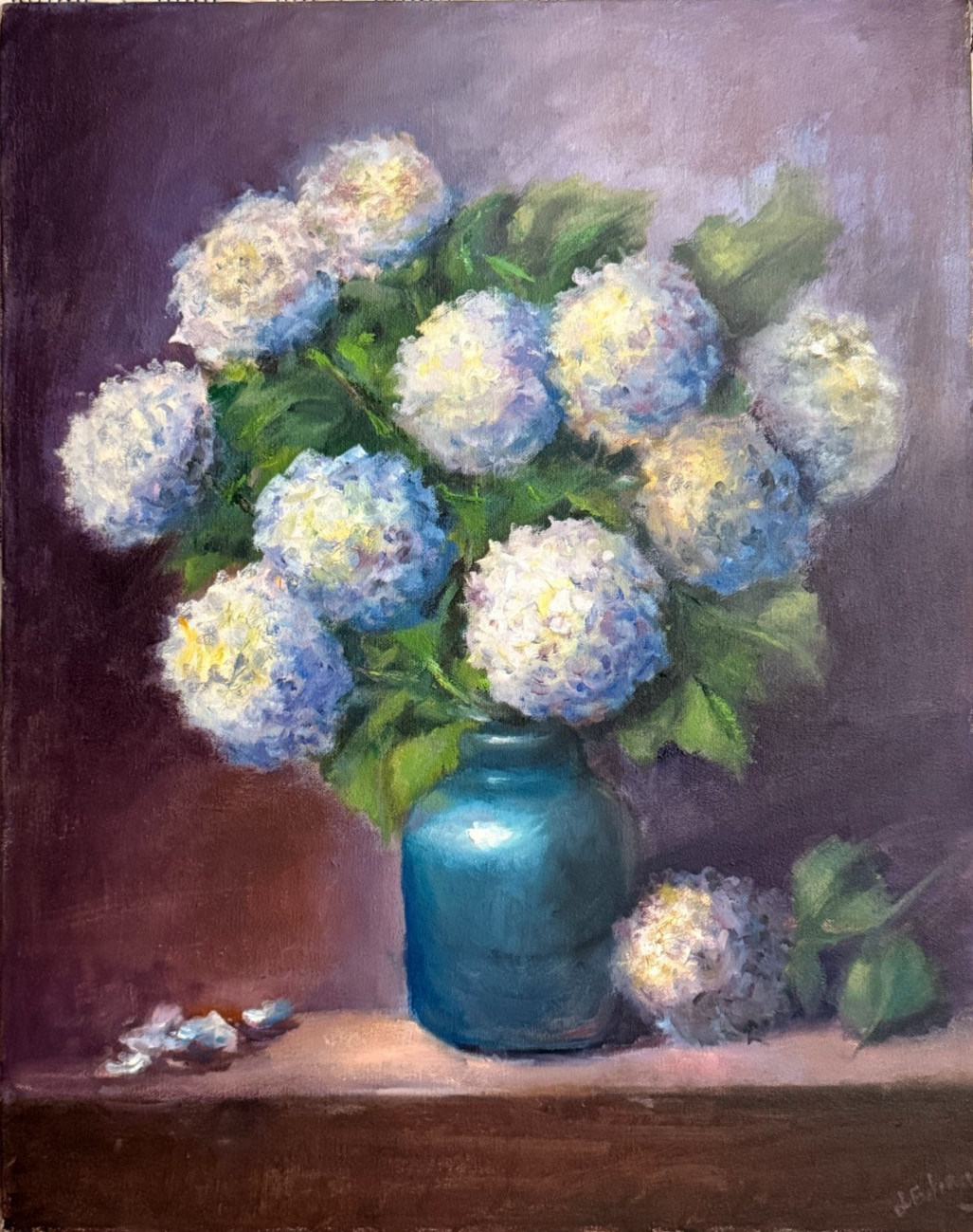 Blue Hydrangeas in a Teal Vase – Original Oil Painting 16×20”