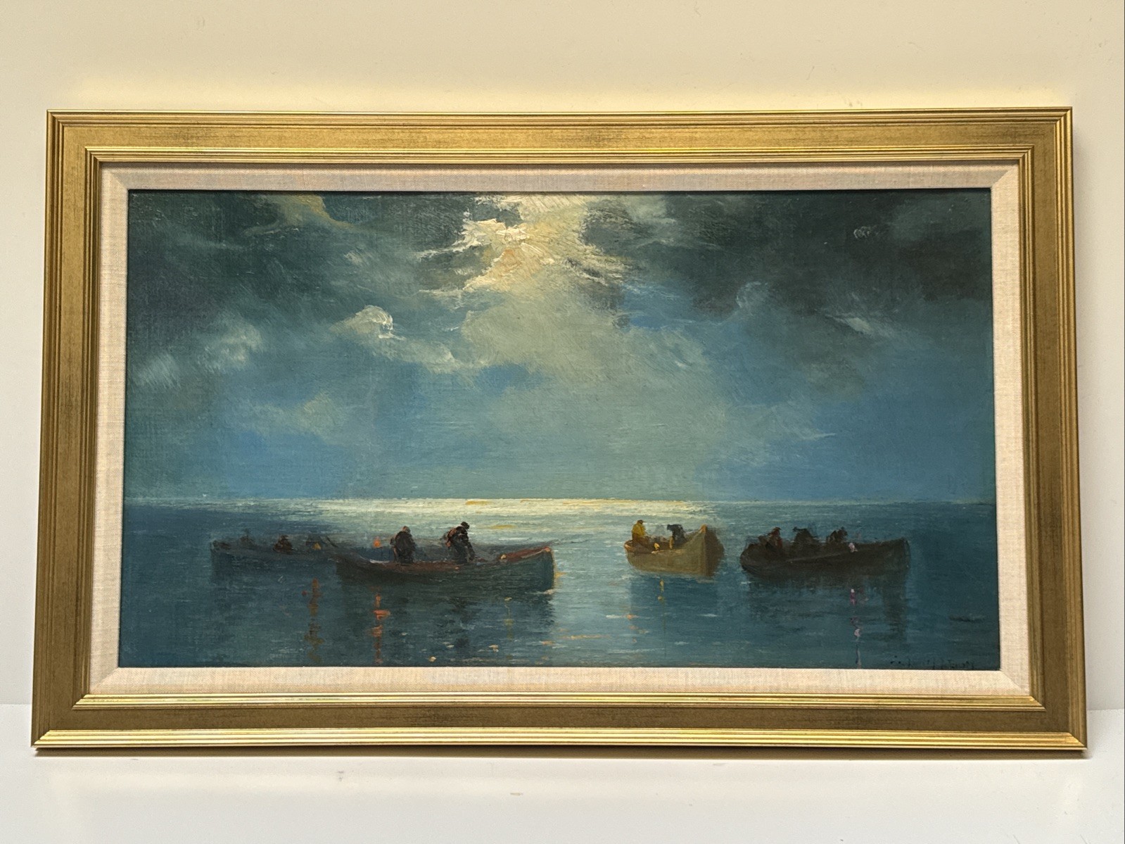 ANTIQUE PAINTING EVENING NIGHT BEACH BOATS COASTAL IMPRESSIONIST PETERSON SEA