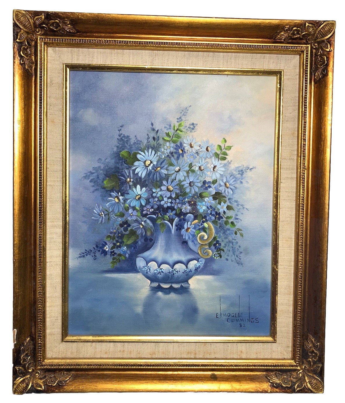 Vtg 80s Blue Floral Still Life Oil Painting Signed 82 Framed Cottagecore Decor
