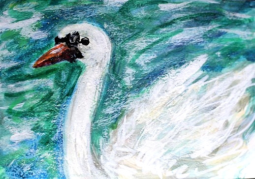 ORIGINAL ACEO Painting SWAN White BIRD Graceful Lake Swim Pond Duck ATC ART