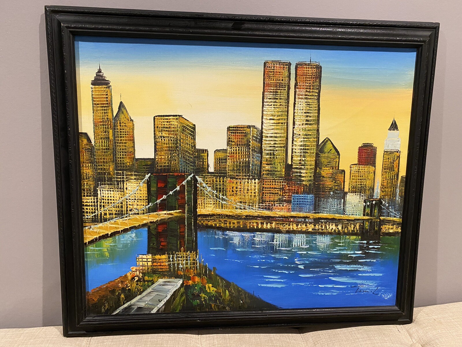 Tom L «Twin Towers» New York Oil Painting on Canvas Signed by Artist 23.5″X 27.5