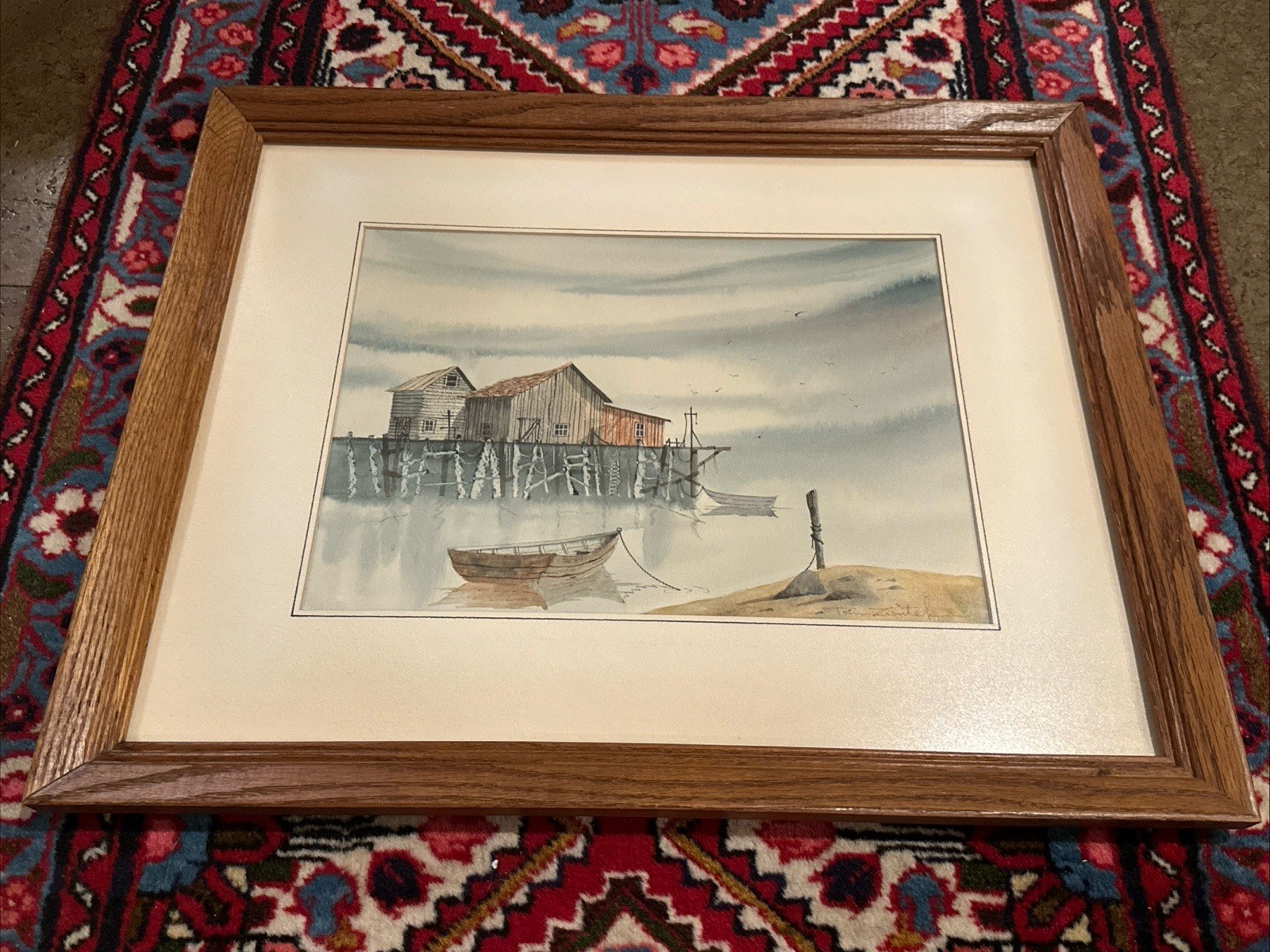 Original Tom Zientek Watercolor Painting Harbor Scene Boats Tied Up Shacks