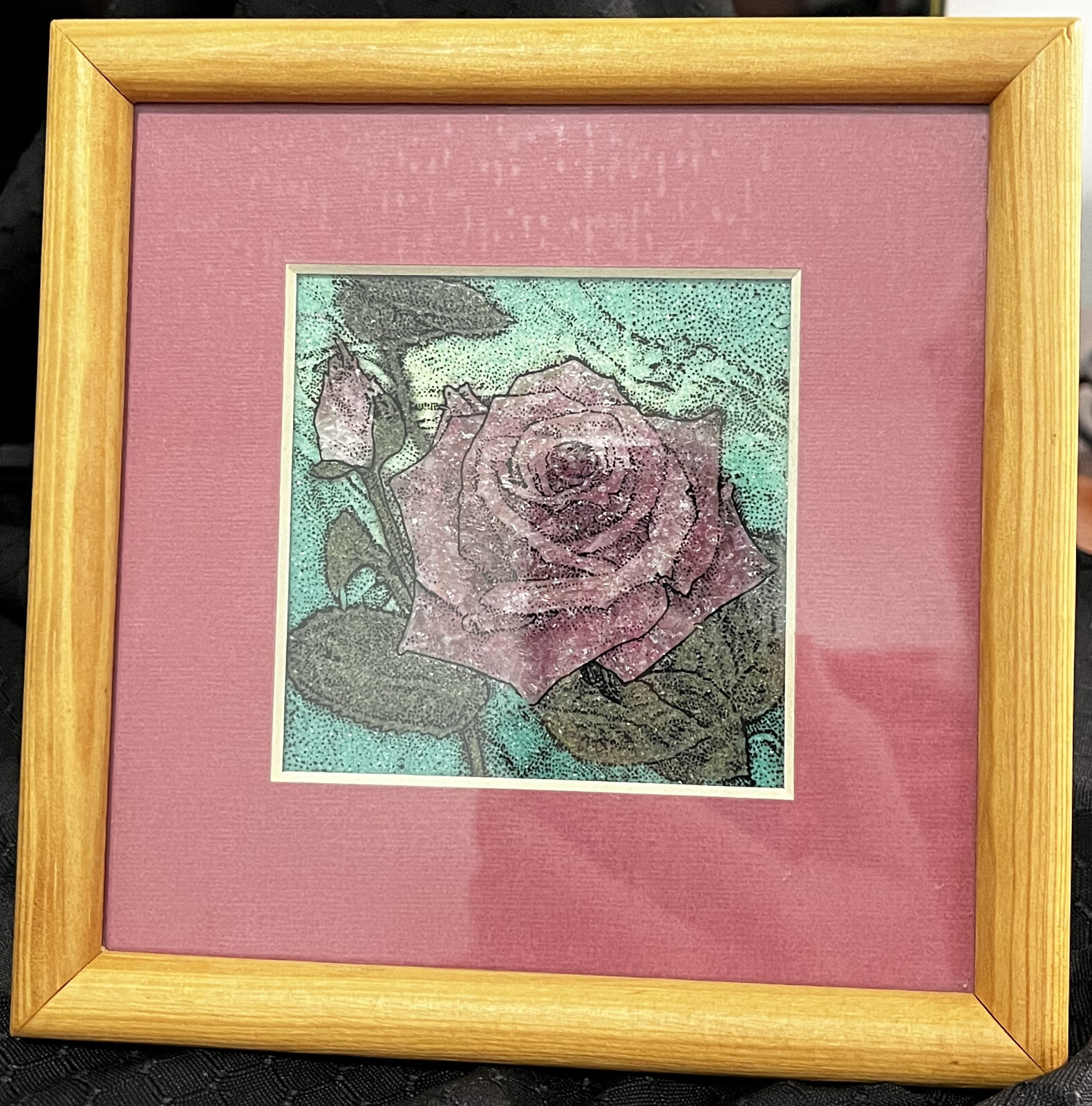 Vintage Handmade Gemstone Picture of Rose Framed with Box