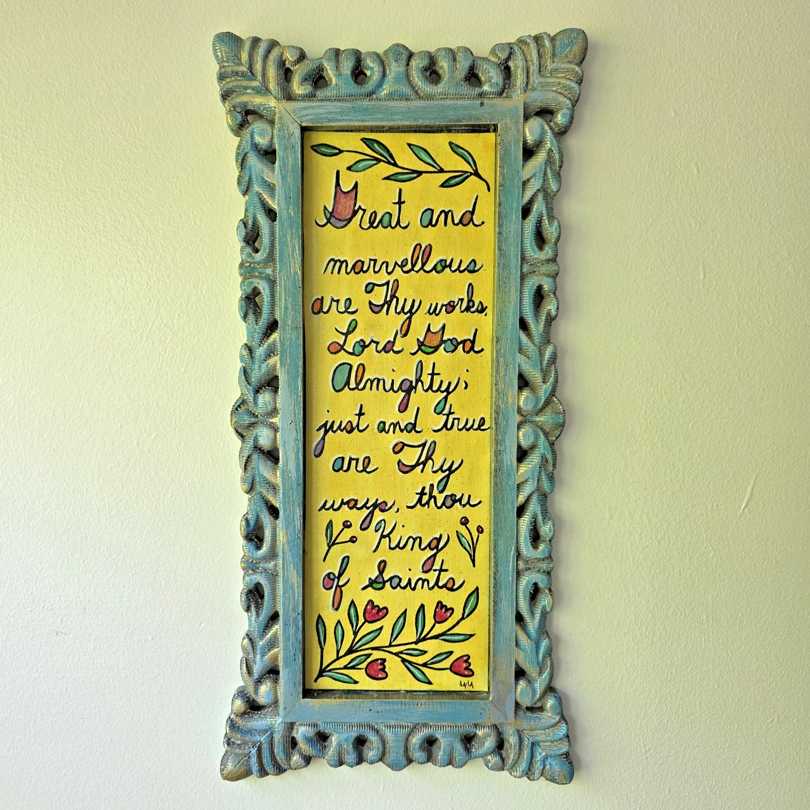 Folk Art ORIGINAL Wooden Frame Lord God King Saints Almighty Bible Scripture