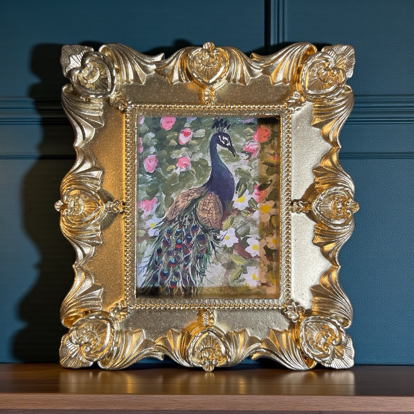 Peacock mini bird print of painting in gold vintage style ornate frame