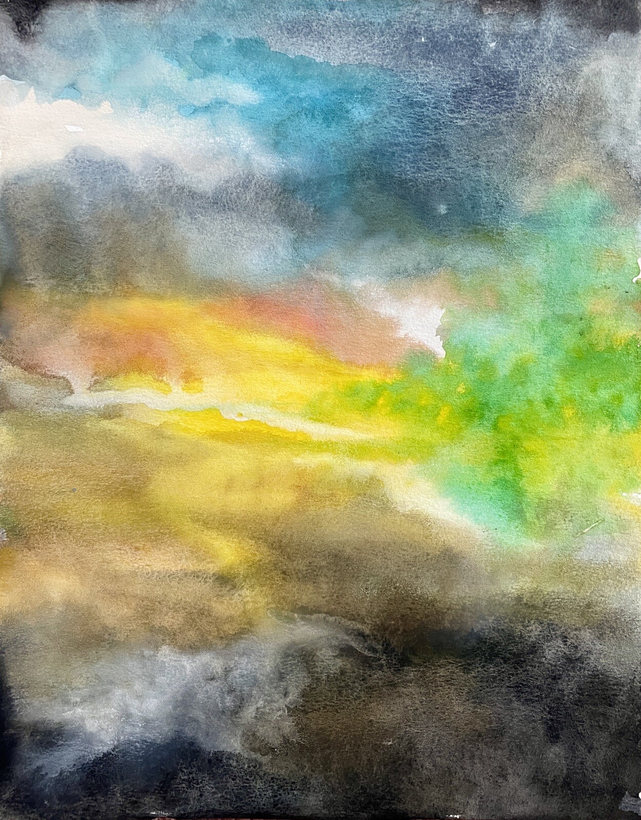 Original Watercolor Abstract, Unframed & Unique 11×14, Yellow, Green, Blue