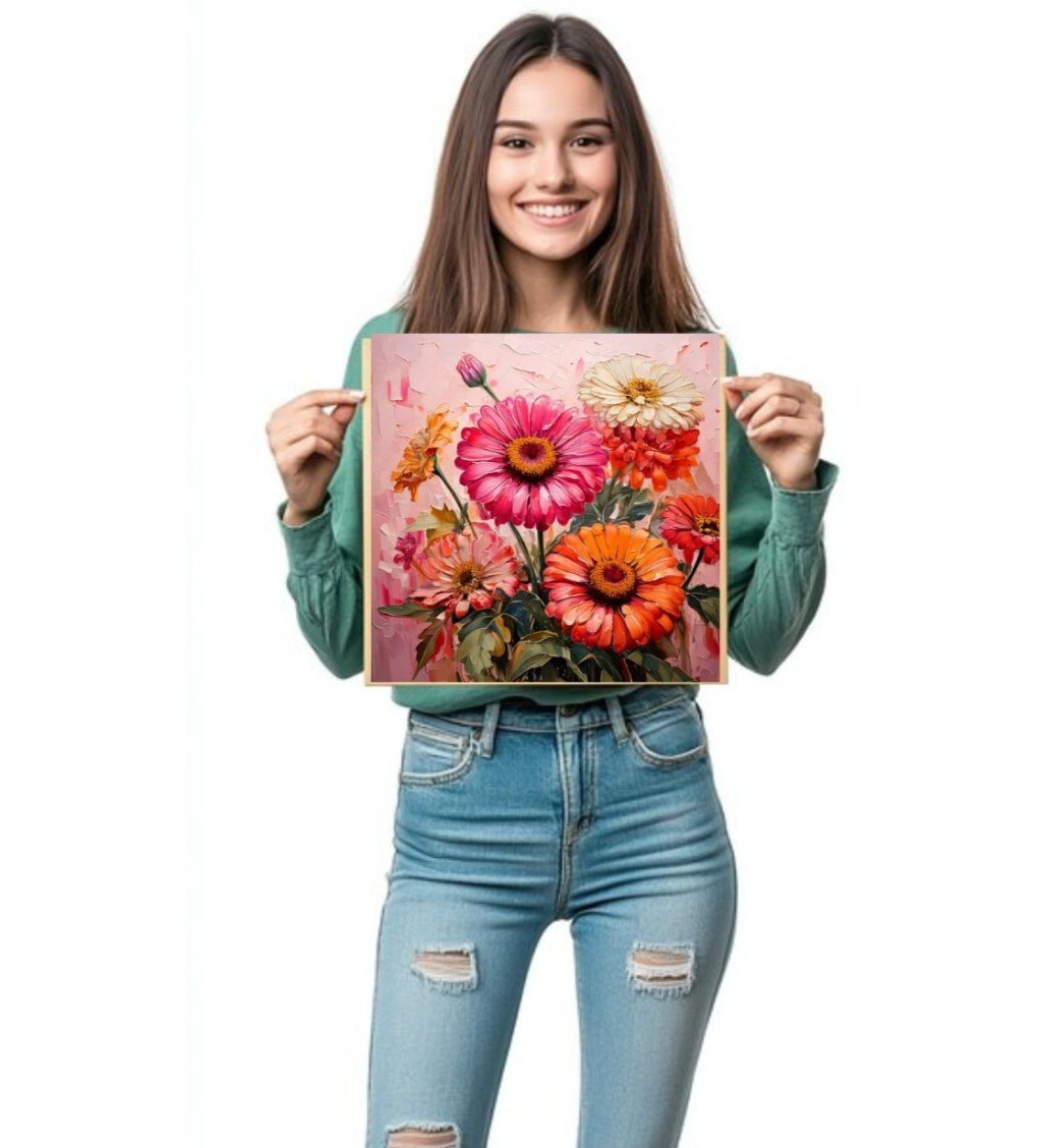 ORIGINAL Oil PAINTING on Canvas Zinnia Textured Art 12×12 in Custom Order