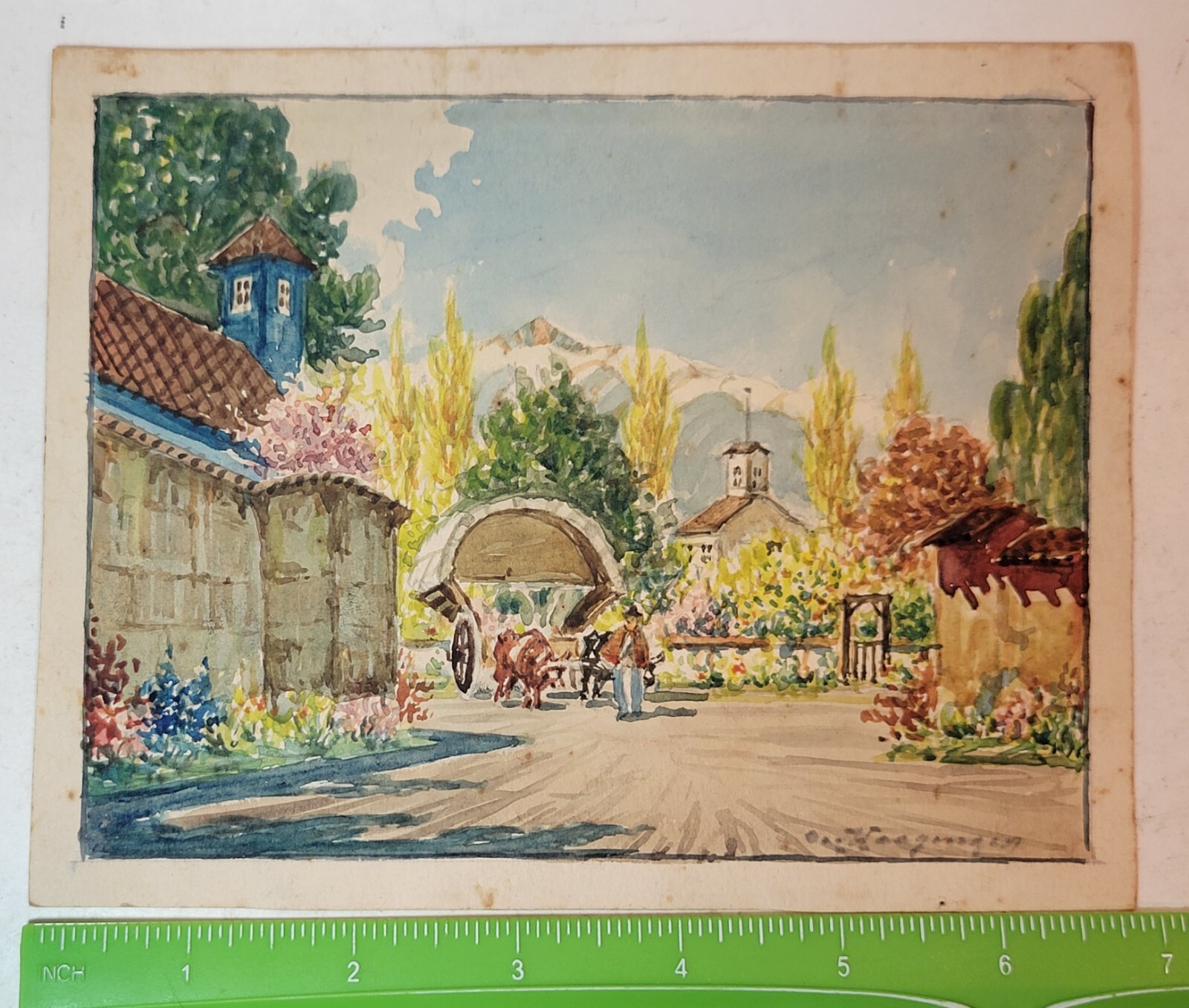 1937 Swiss Watercolor Signed Alps Village Man w/ Covered Cart Oxen Flowers