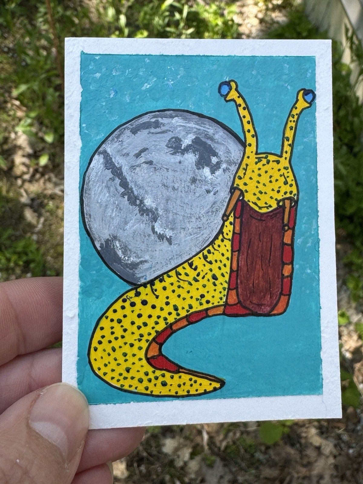 ACEO Original Actually Handmade Acrylic Cute Snail Planet Space Trading Art Card
