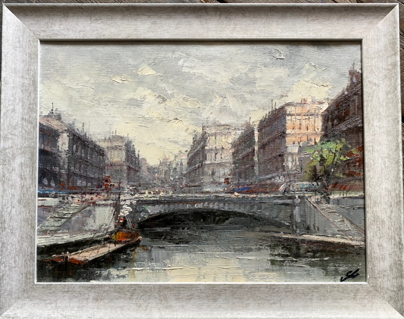 Oil Painting Monogr.sb 1989 River With Bridge IN Paris At Pont Notre-Dame Seine