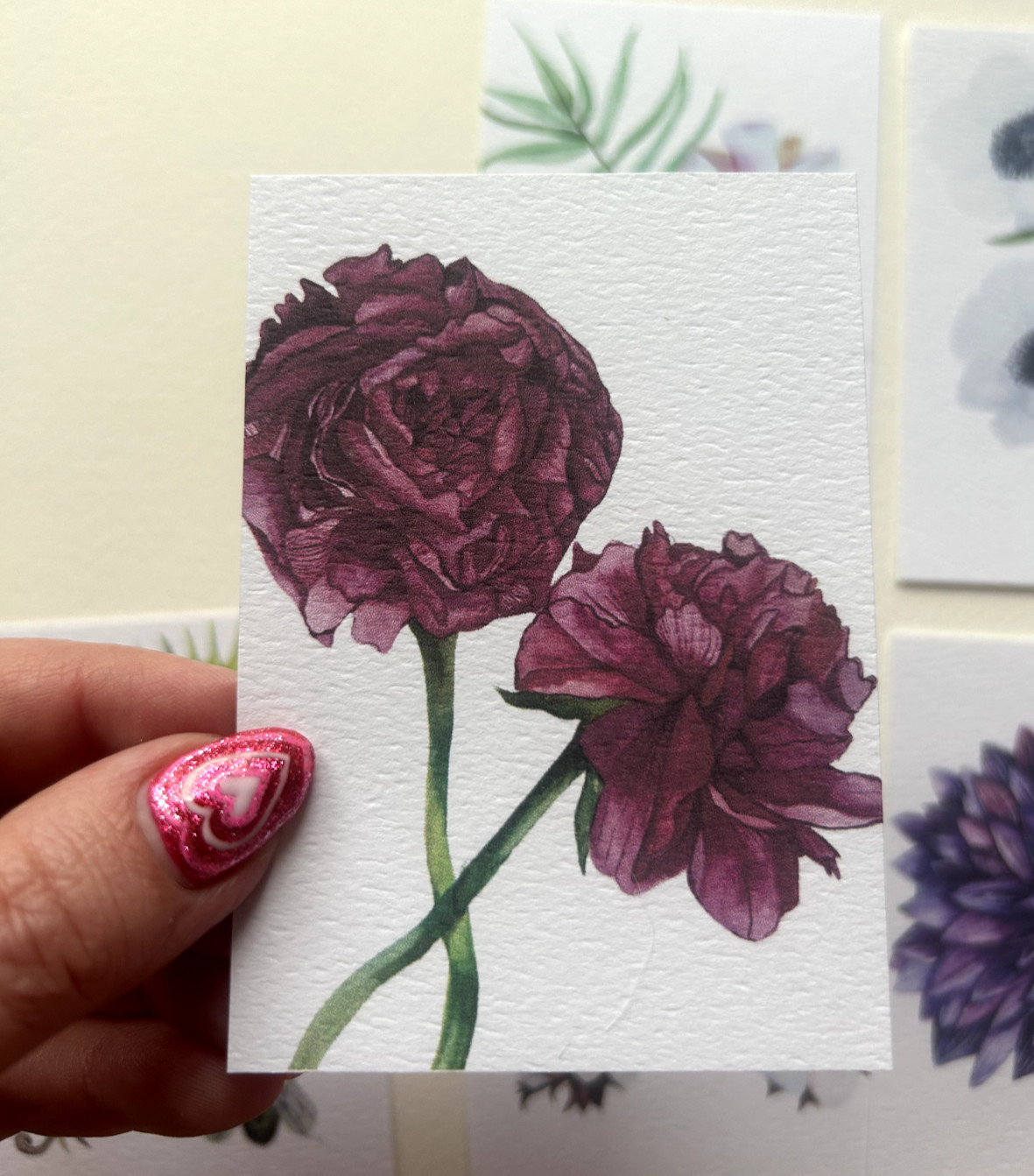 ACEO Edition- Print Sawyer Crane Flower Watercolor Dark Pink Peonies floral