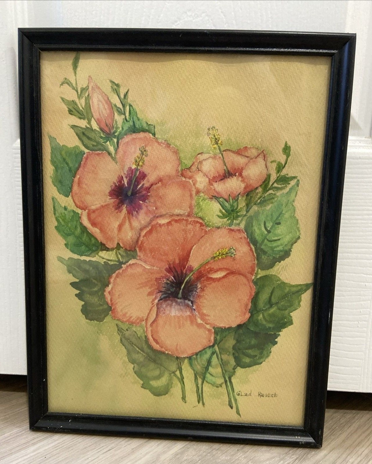 Vintage Framed Watercolor Hibiscus Flowers Signed Glad Reusch 1978 Cottage Art