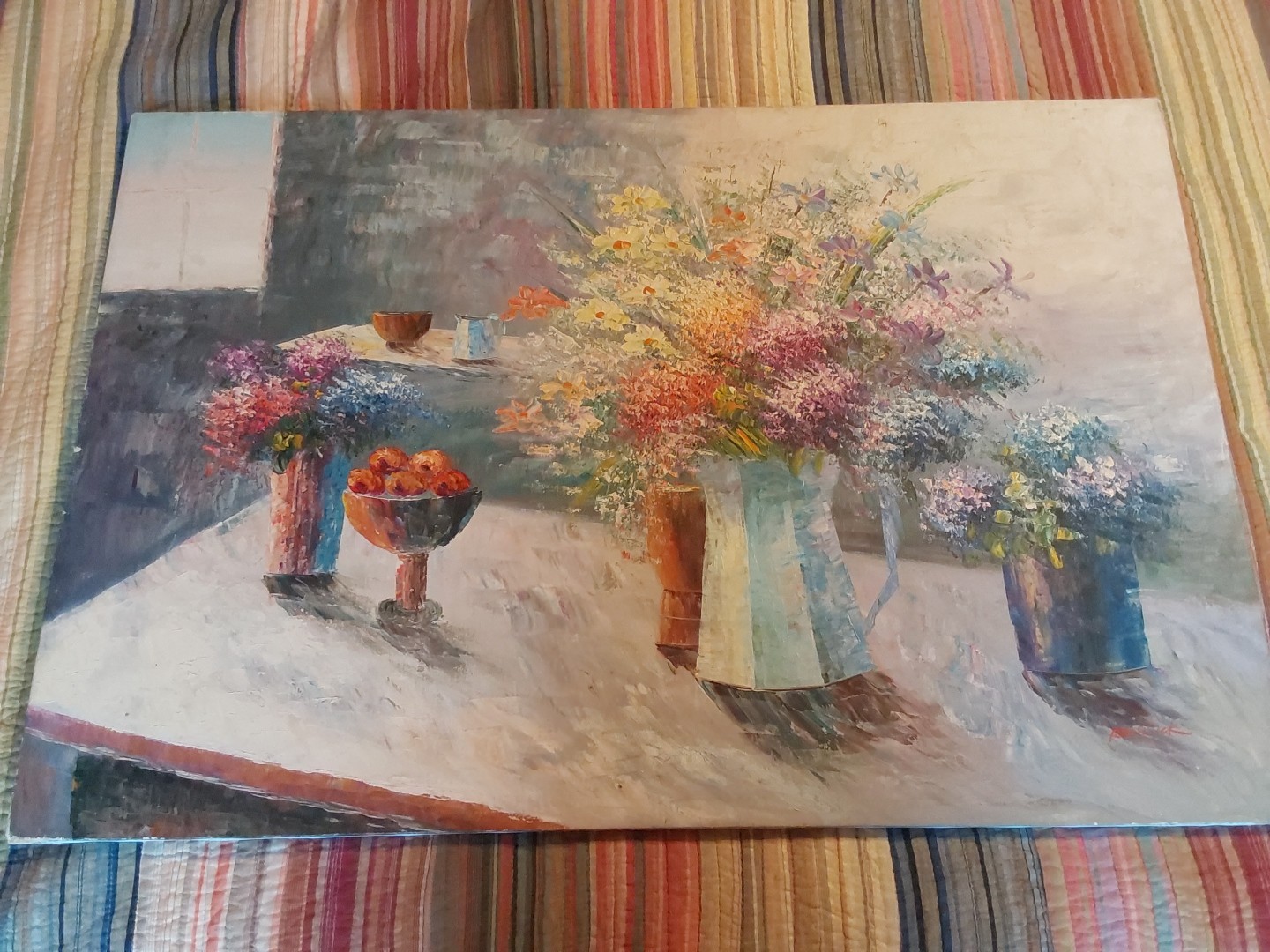 Vintage Still Life Floral Signed Renwick Oil Painting 36″ X 24″ GC