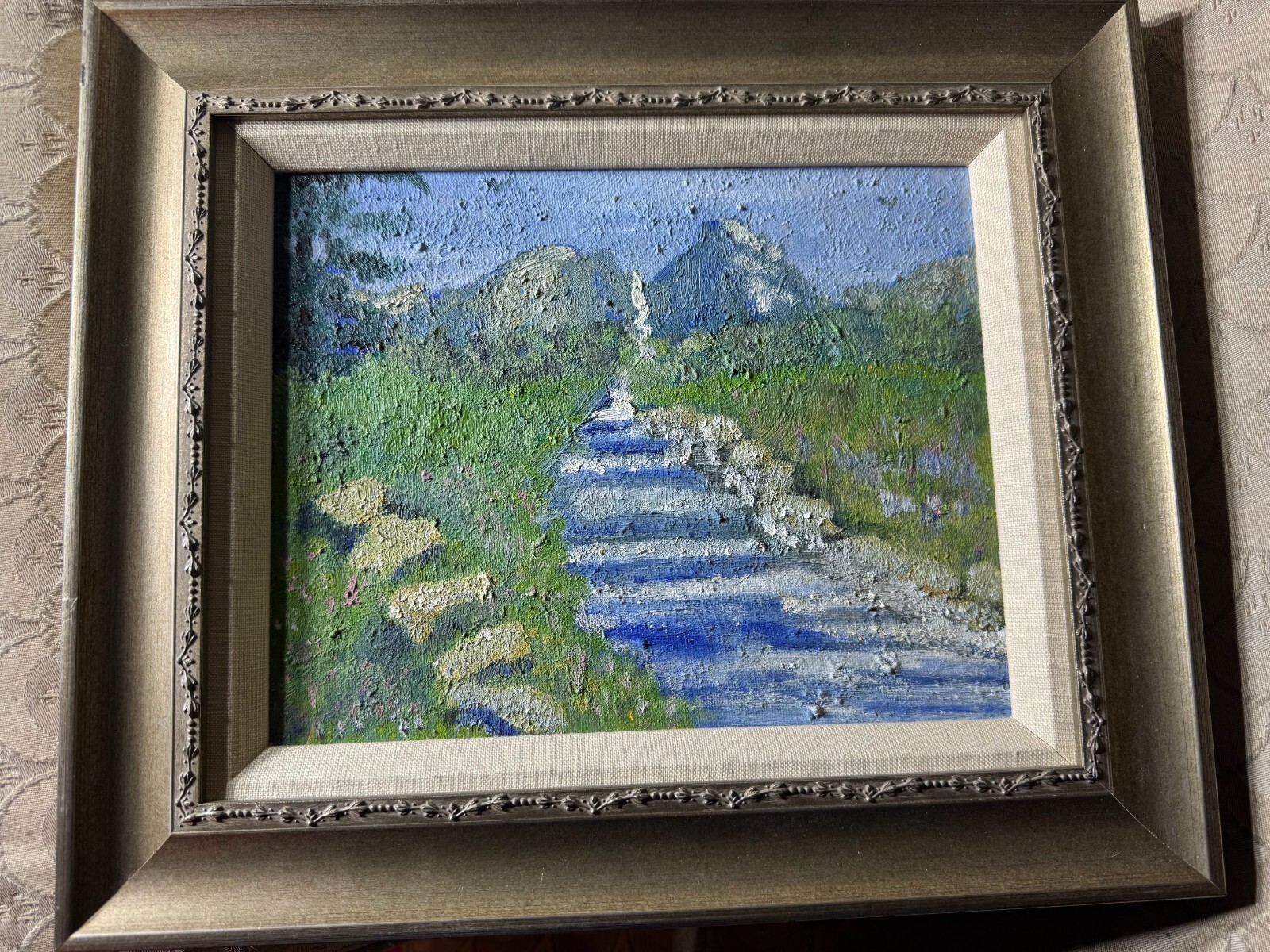 «Cascading River And Landscape Scene» Oil On Board Painting – Framed