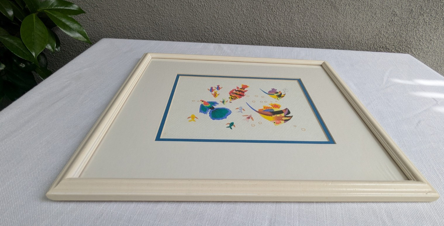 Vtg 1991 Watercolor Tropical Fish Painting 15×13″ Framed/Signed Wall Art Picture