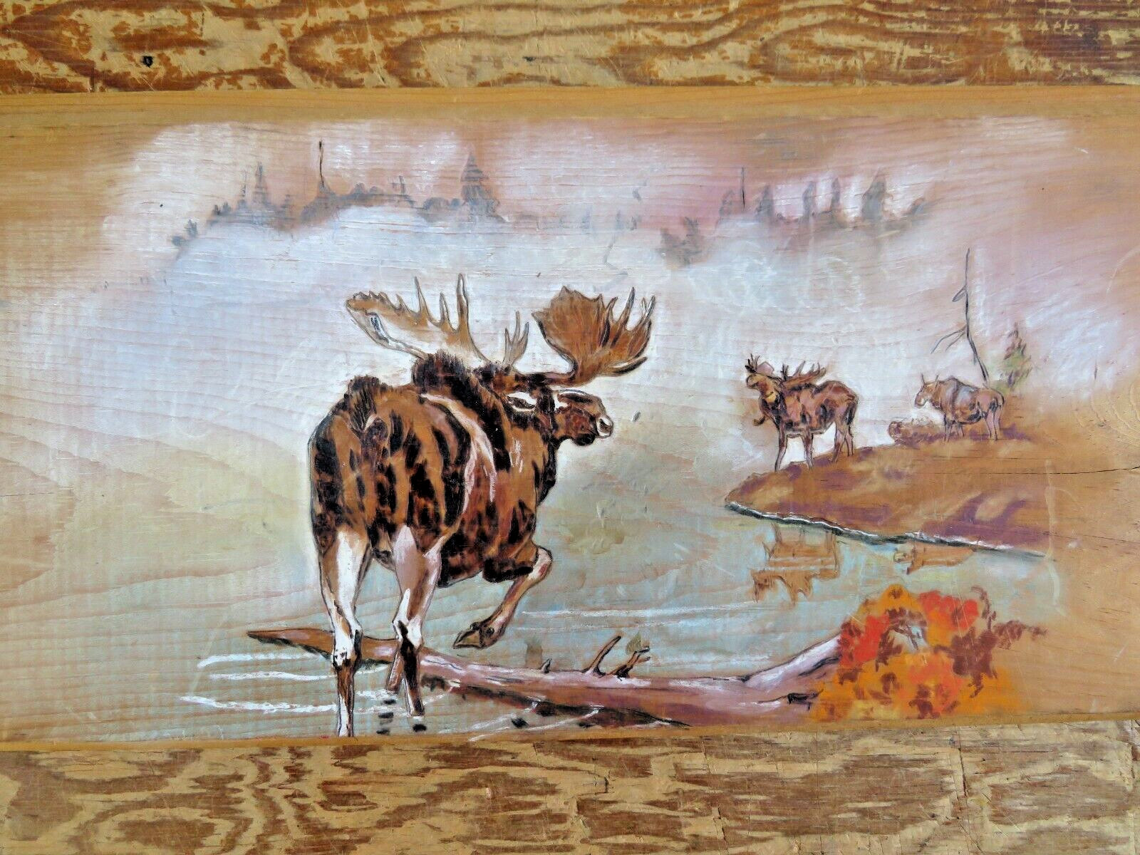 vtg Original Wood Burning painting Moose Lake/Forest – Leonard Rollins